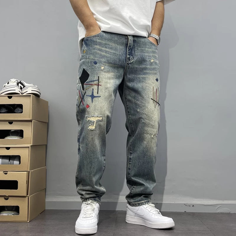Heavy-washed, scratched-off denim men, handsome trendy patches, high-end embroidery prints, loose tapered straight-leg jeans