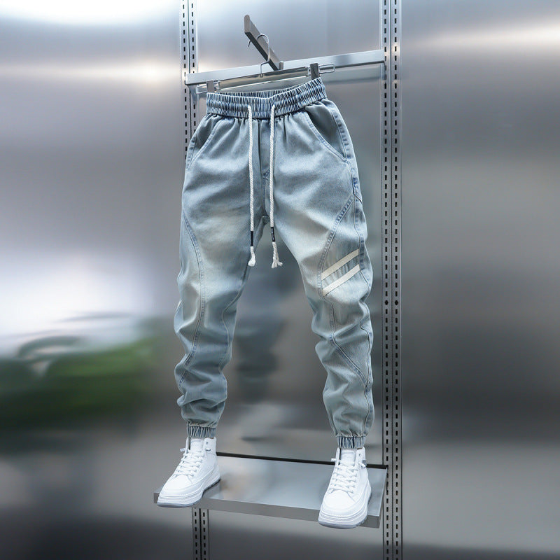 High-end light blue jeans men's 2025 new summer thin men's pants corseted panel casual pants men's