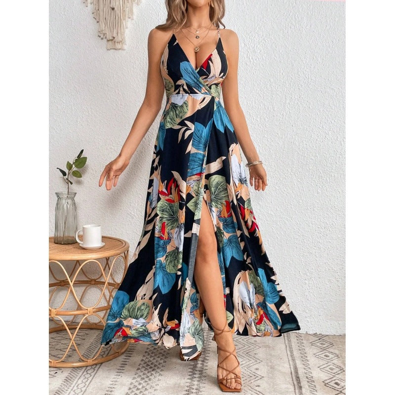 European and American tropical print thigh split slip dress