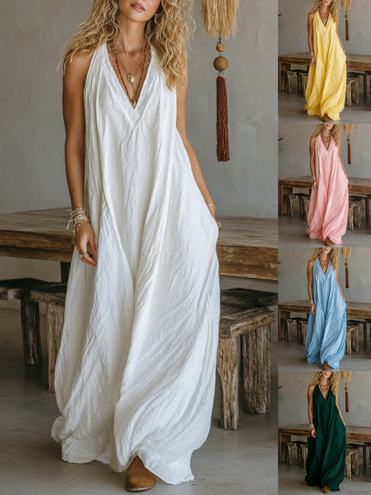 Short Sleeve New Women's Casual Sleeveless Loose Pocket Vest Long Dress