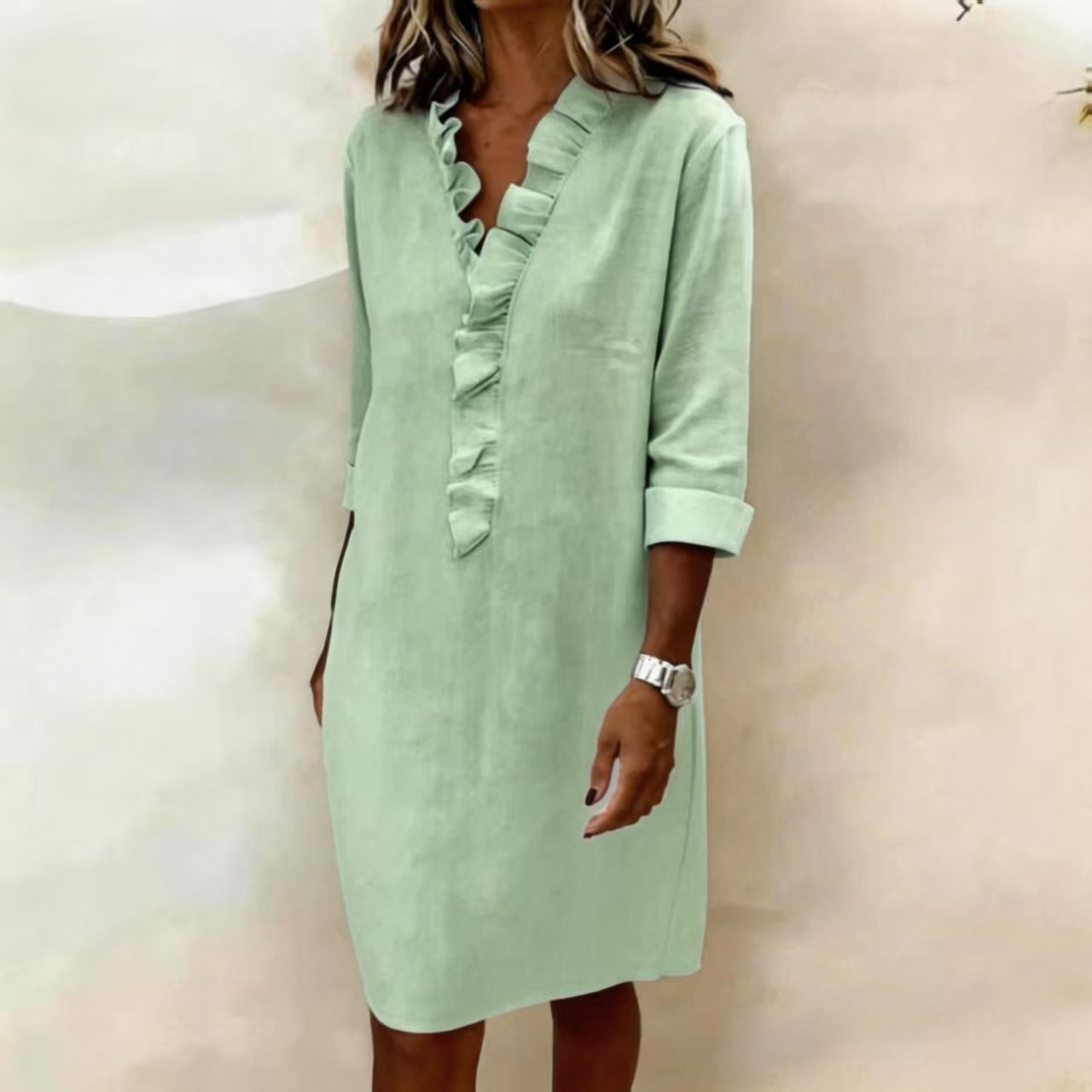 European and American cross-border spring new fashion commuting slimming women's fungus edge long sleeve cotton and linen shirt dress
