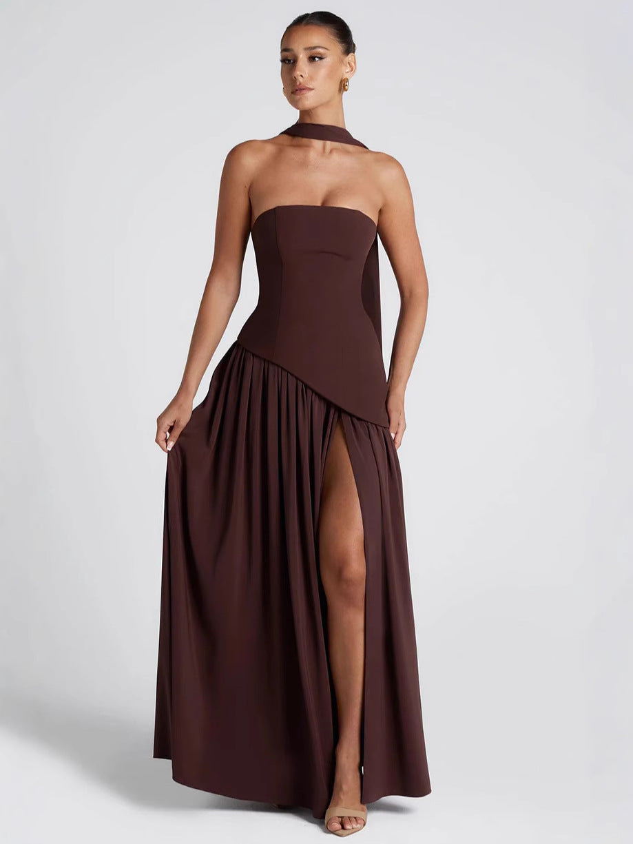 European and American cross-border women's bandeau solid color slit dress fashion sexy backless high slit long skirt new style