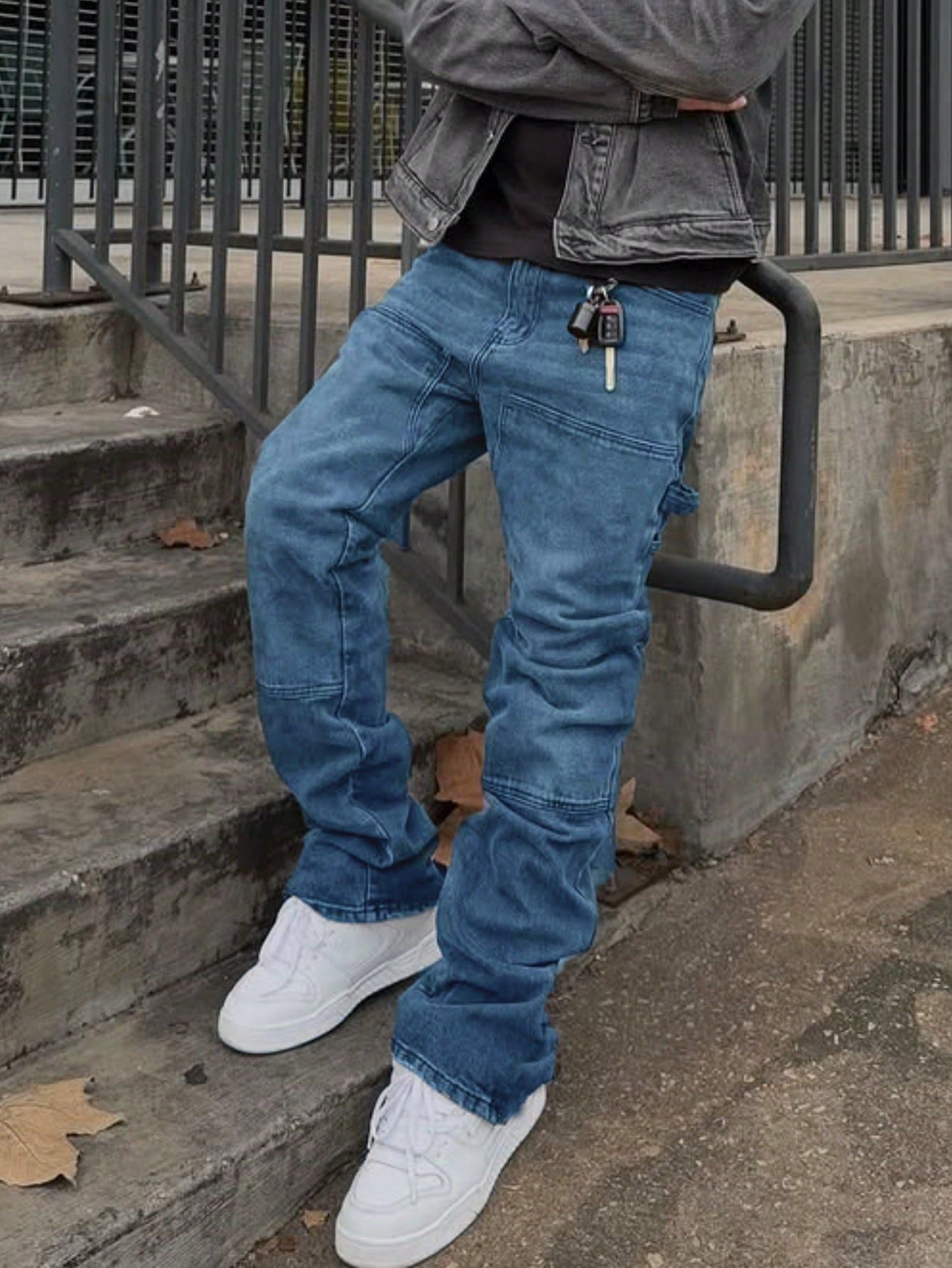 European and American foreign trade men's spliced slim jeans bootcut pants handsome denim trousers