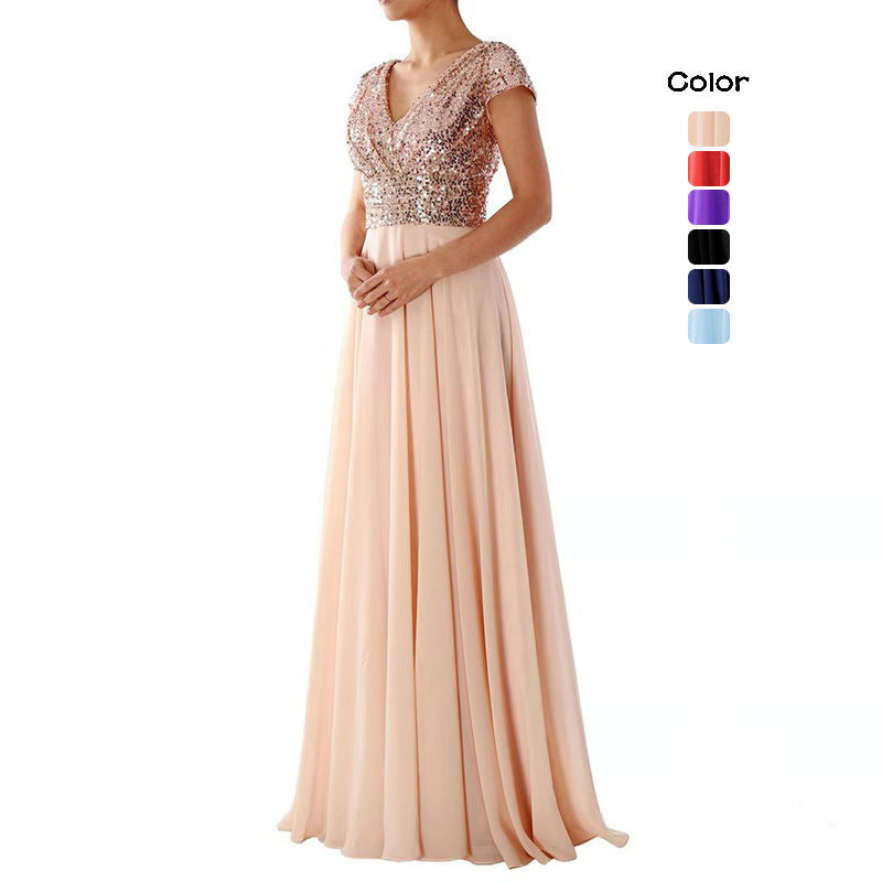 Summer Dress new V-neck sequinned chiffon panel evening dress long skirt