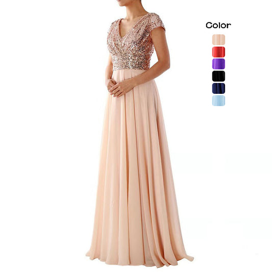 Summer Dress new V-neck sequinned chiffon panel evening dress long skirt