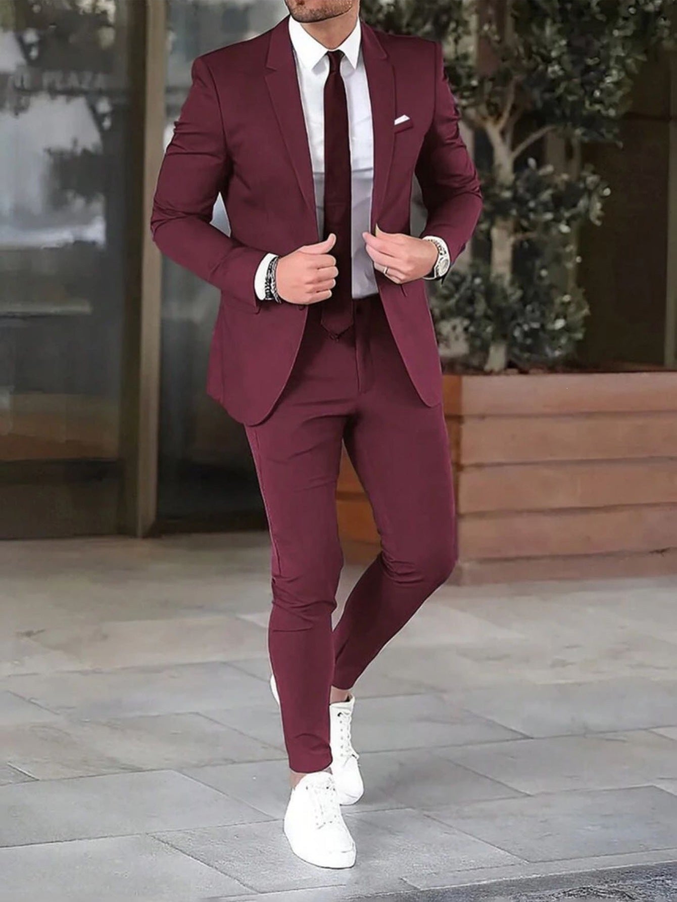 Cross-border  new men's solid color slim-fit suit set, youth fashion casual banquet gown two-piece set