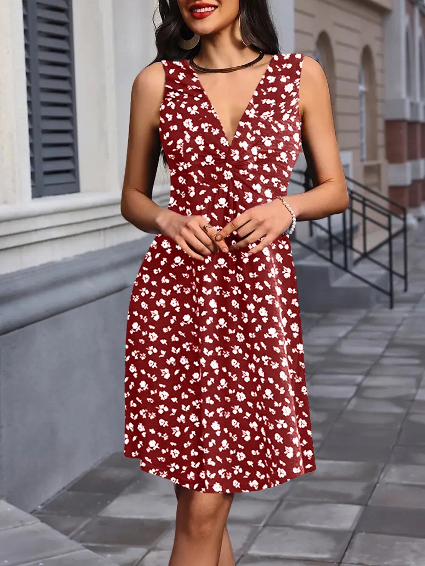 Women's fashion European and American style cross-border casual summer new printed V-neck sleeveless waist loose pullover dress