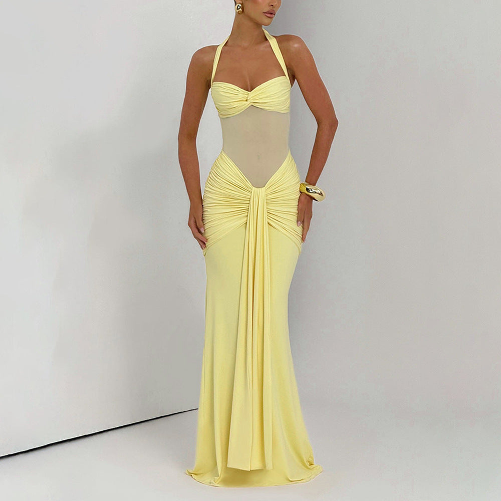 European and American 2026 new women's temperament pleated streamer evening dress foreign trade fashion halterneck sexy hip wrap dress