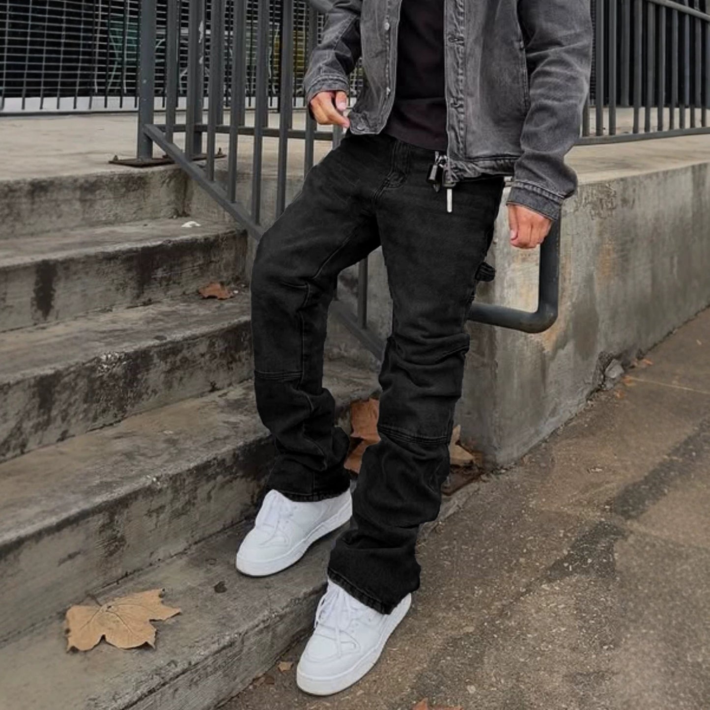 European and American foreign trade men's spliced slim jeans bootcut pants handsome denim trousers
