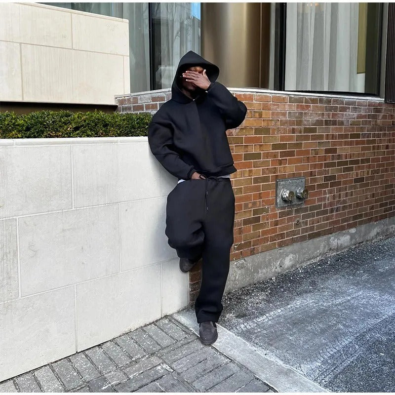 Cross-border Kanye has the same trendy brand high street loose fleece hooded sweatshirt loose drawstring sweatpants set for men and women