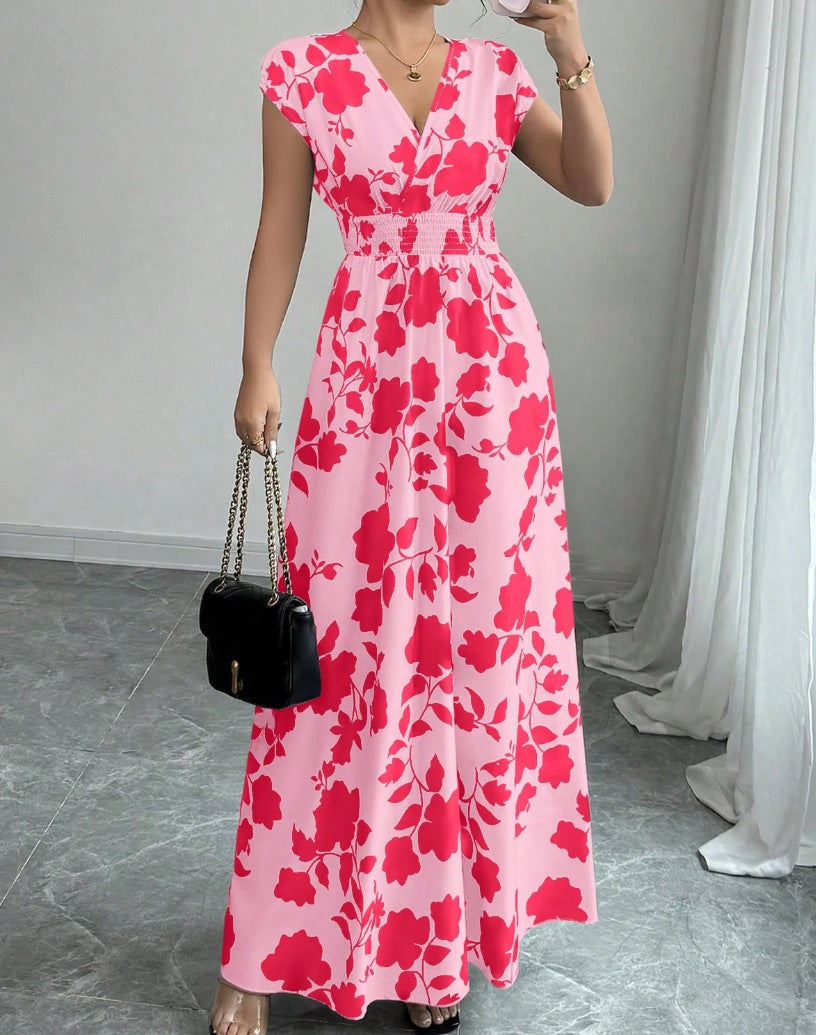 Women's V-neck waist slimming temperament banquet vintage rose print dress V-neck French slimming long skirt