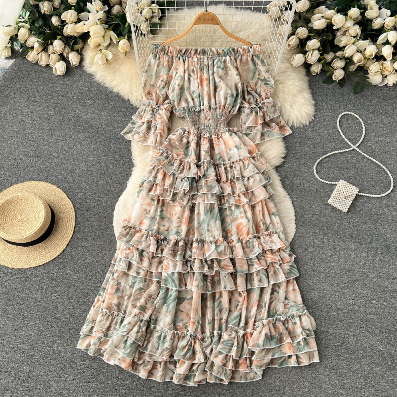 One-shoulder floral French vintage slimming cake skirt large swing dress short sleeve temperament commuter slim fit
