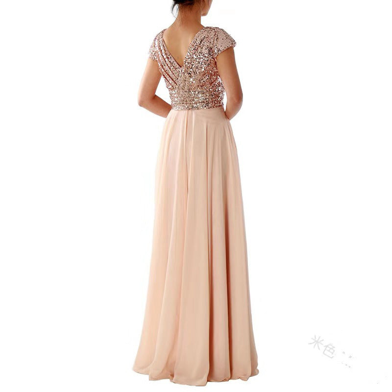 Summer Dress new V-neck sequinned chiffon panel evening dress long skirt