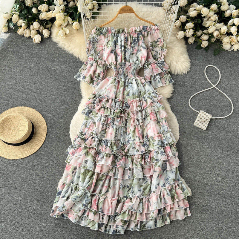 One-shoulder floral French vintage slimming cake skirt large swing dress short sleeve temperament commuter slim fit