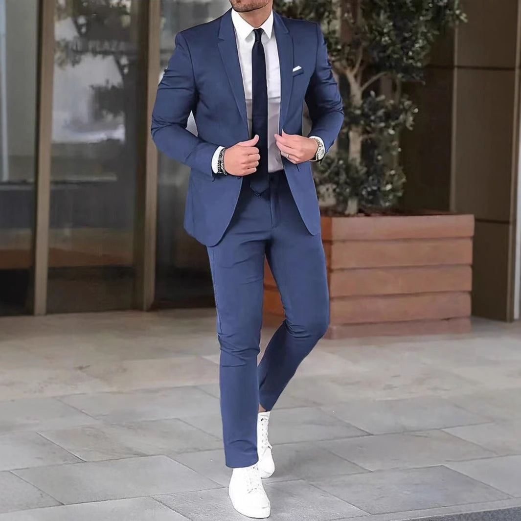 Cross-border  new men's solid color slim-fit suit set, youth fashion casual banquet gown two-piece set