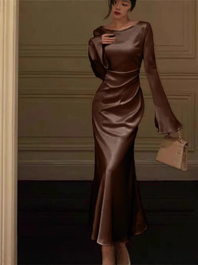 European and American Summer New Cross-border Elegant Flared Sleeve Solid Color Long Sleeve Fashion Dress