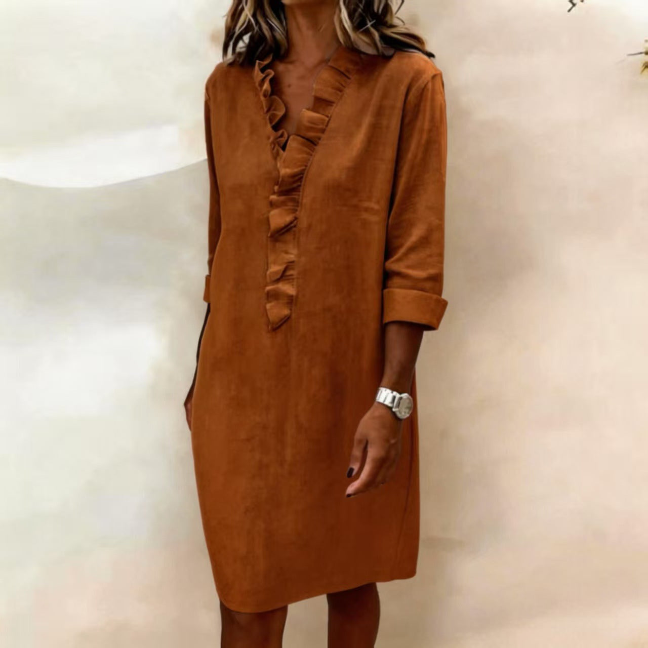 European and American cross-border spring new fashion commuting slimming women's fungus edge long sleeve cotton and linen shirt dress