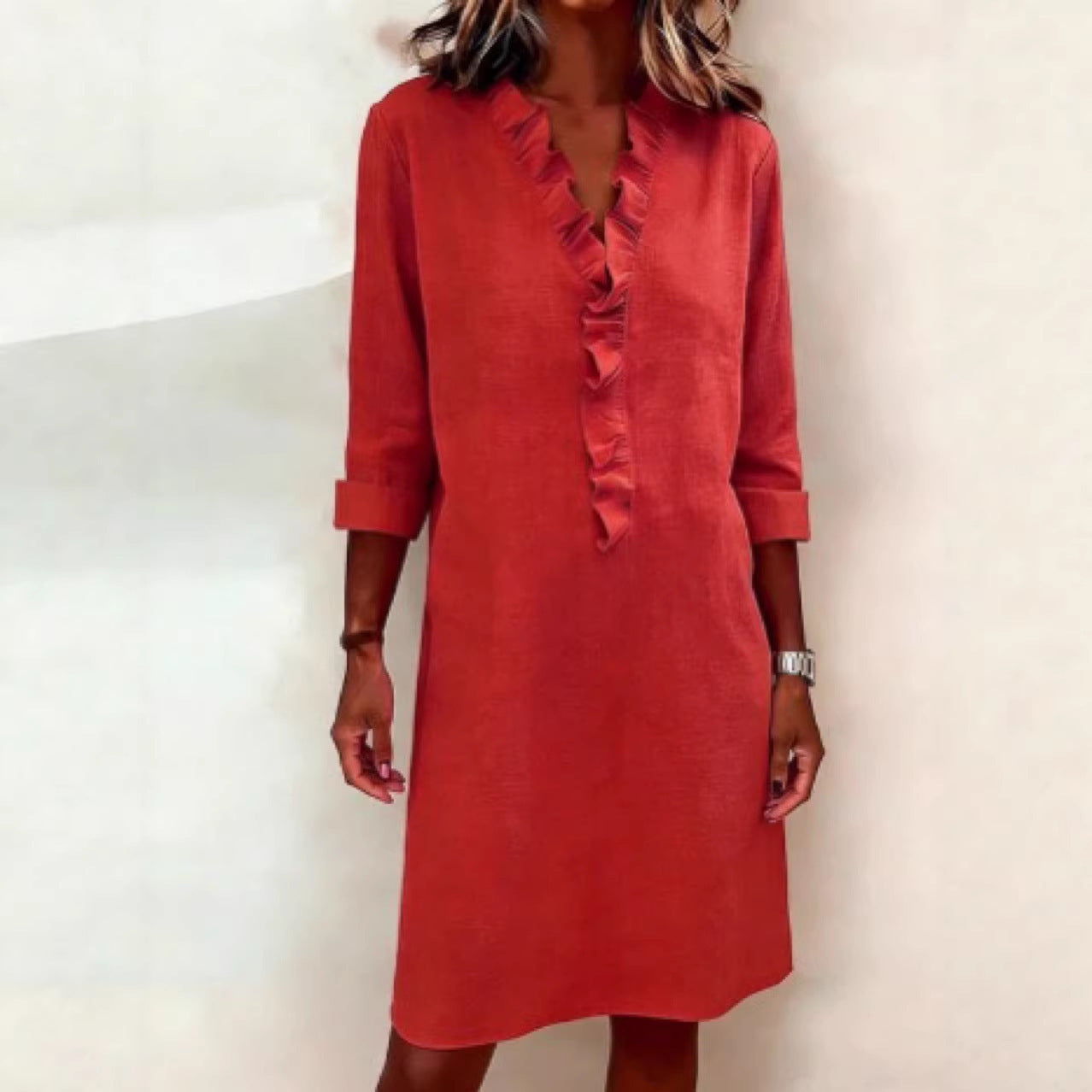 European and American cross-border spring new fashion commuting slimming women's fungus edge long sleeve cotton and linen shirt dress