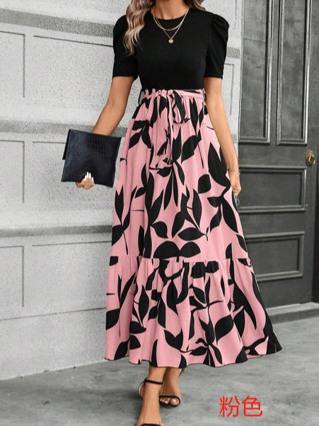 European and American women's floral print high-waisted fashion and elegant temperament dress