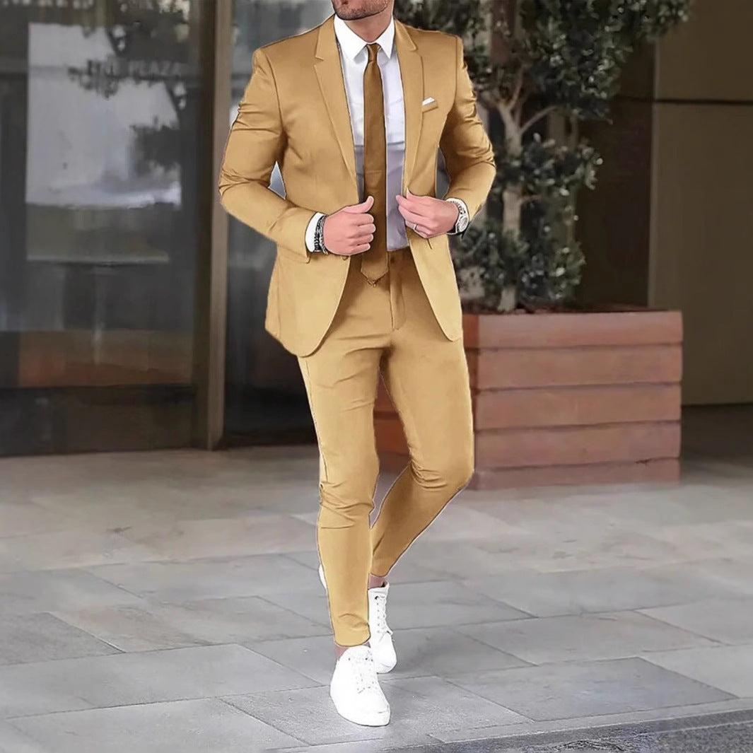 Cross-border  new men's solid color slim-fit suit set, youth fashion casual banquet gown two-piece set
