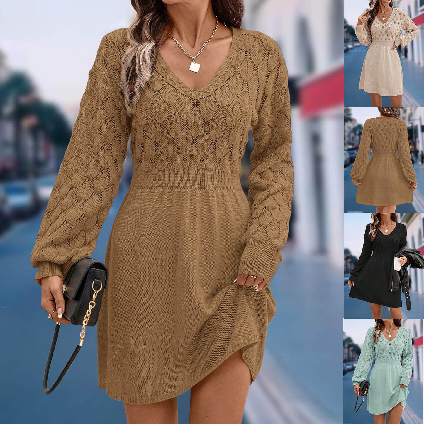 Cross-border dress scale pattern three-dimensional crochet 2025 new European and American V-neck beach skirt A-line skirt long sleeve dress