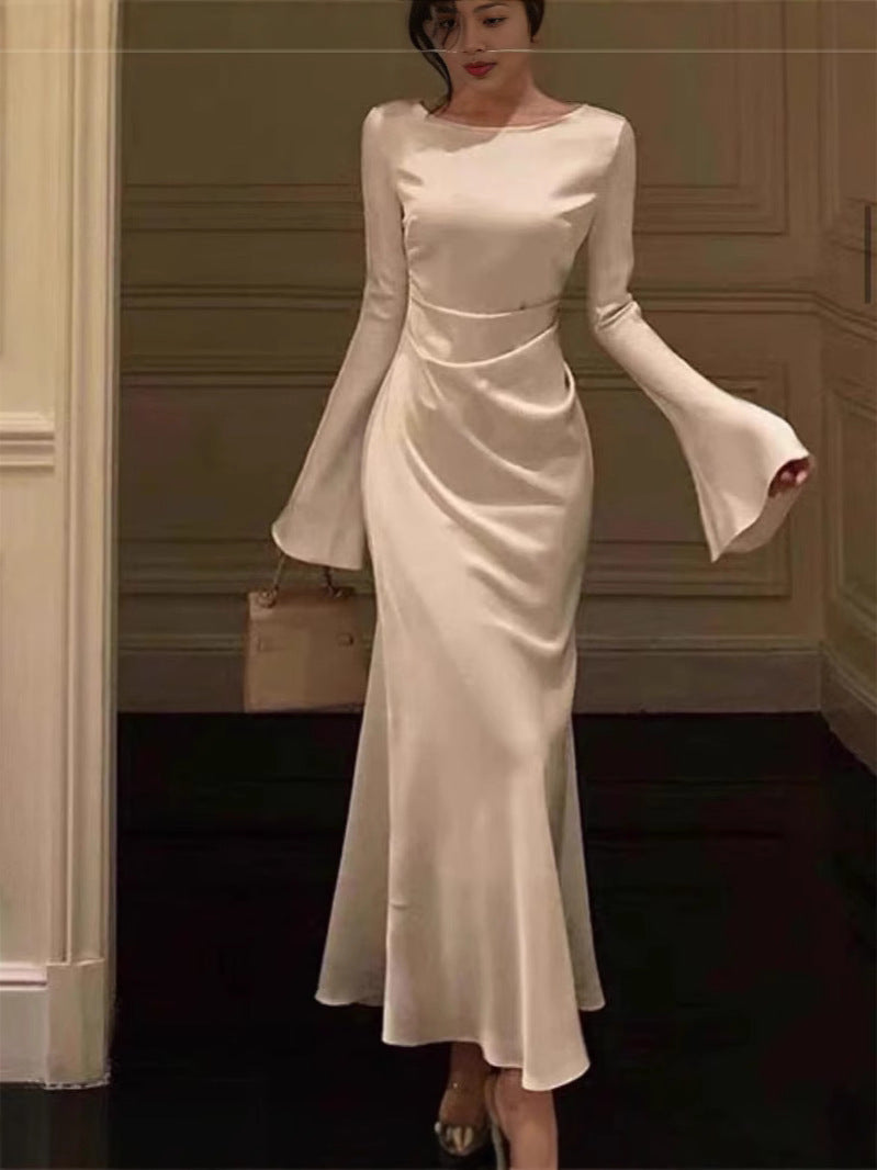 European and American Summer New Cross-border Elegant Flared Sleeve Solid Color Long Sleeve Fashion Dress