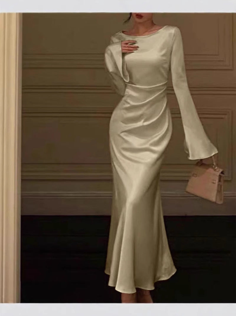 European and American Summer New Cross-border Elegant Flared Sleeve Solid Color Long Sleeve Fashion Dress
