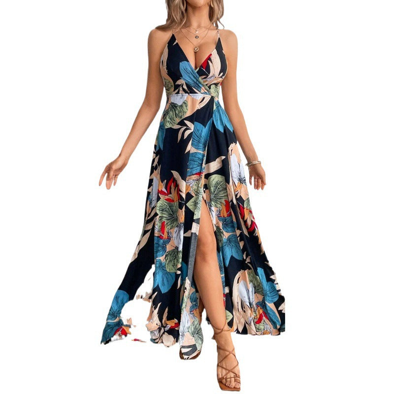 European and American tropical print thigh split slip dress