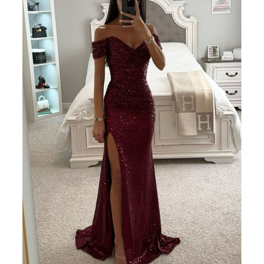Cross-border wholesale European and American dresses sequins one-neck slit long skirts fashion banquet skirts sexy dress skirts