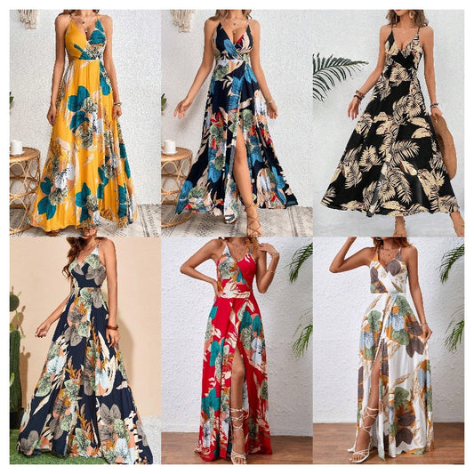 European and American tropical print thigh split slip dress