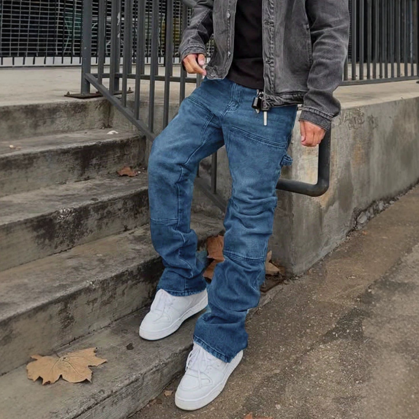 European and American foreign trade men's spliced slim jeans bootcut pants handsome denim trousers