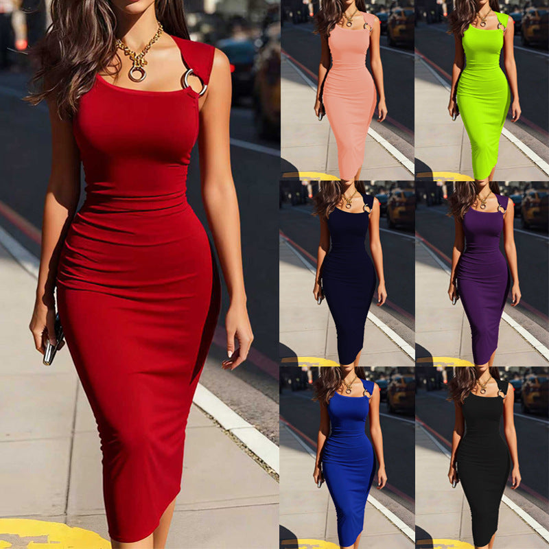 2026 European and American cross-border spring and summer women's slim waist irregular collar temperament slim and sexy hip-hugging sleeveless dress