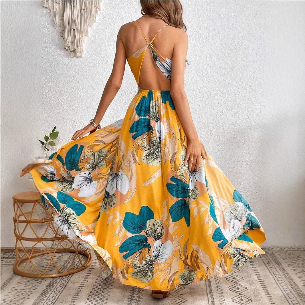 European and American tropical print thigh split slip dress