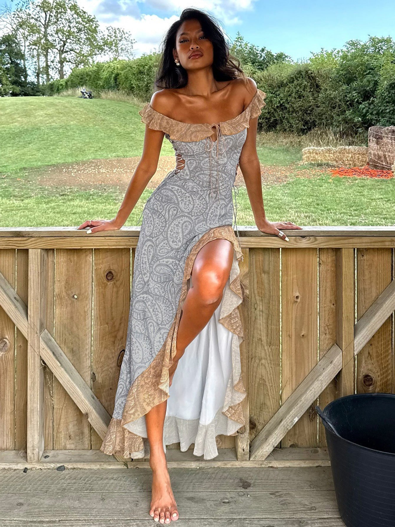 European and American women's clothing 2025 autumn new temperament one-line neck ruffled high slit sexy slim slip dress