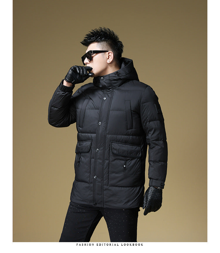 2024 Autumn and Winter down Jacket Men's Hooded Mid-Length 90 White Duck down Jacket Casual Warm Men's Windproof Loose Style