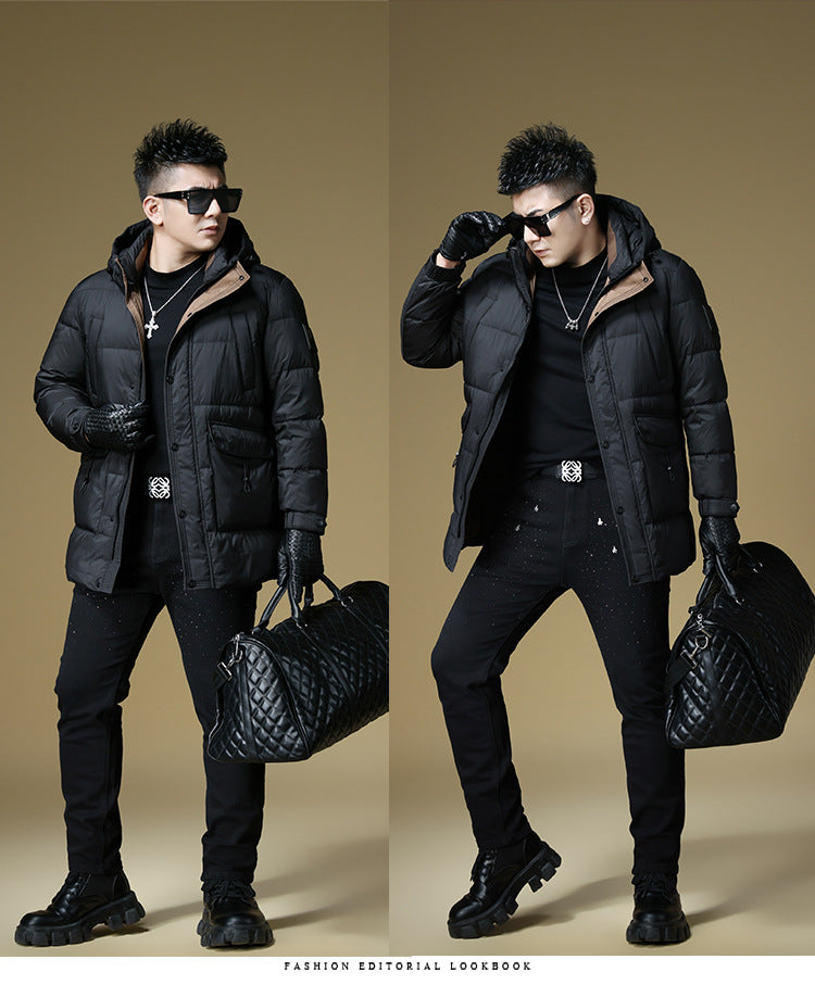 2024 Autumn and Winter down Jacket Men's Hooded Mid-Length 90 White Duck down Jacket Casual Warm Men's Windproof Loose Style