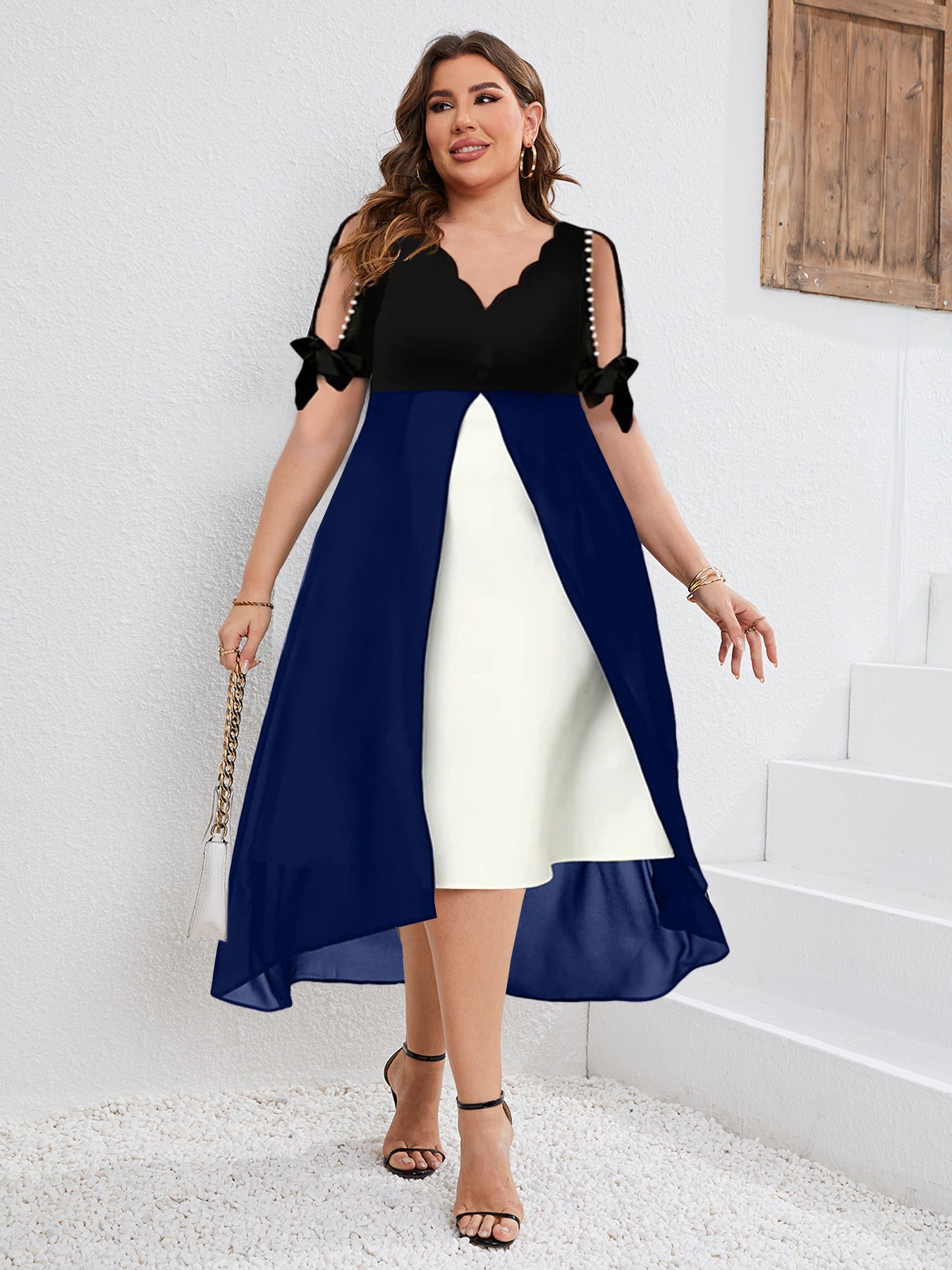 Spring/summer cross-border new plus-size short-sleeved women's V splicing two irregular dresses