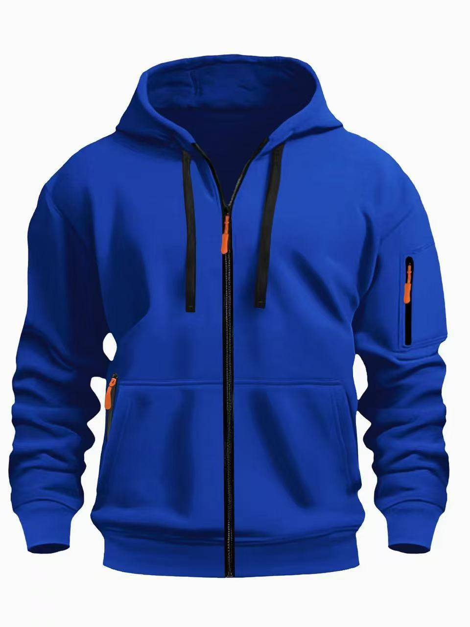 European code hooded men's autumn/winter fleece-lined hooded sweatshirt, long-sleeve zipper style, multi-pocket fashionable versatile jacket for men