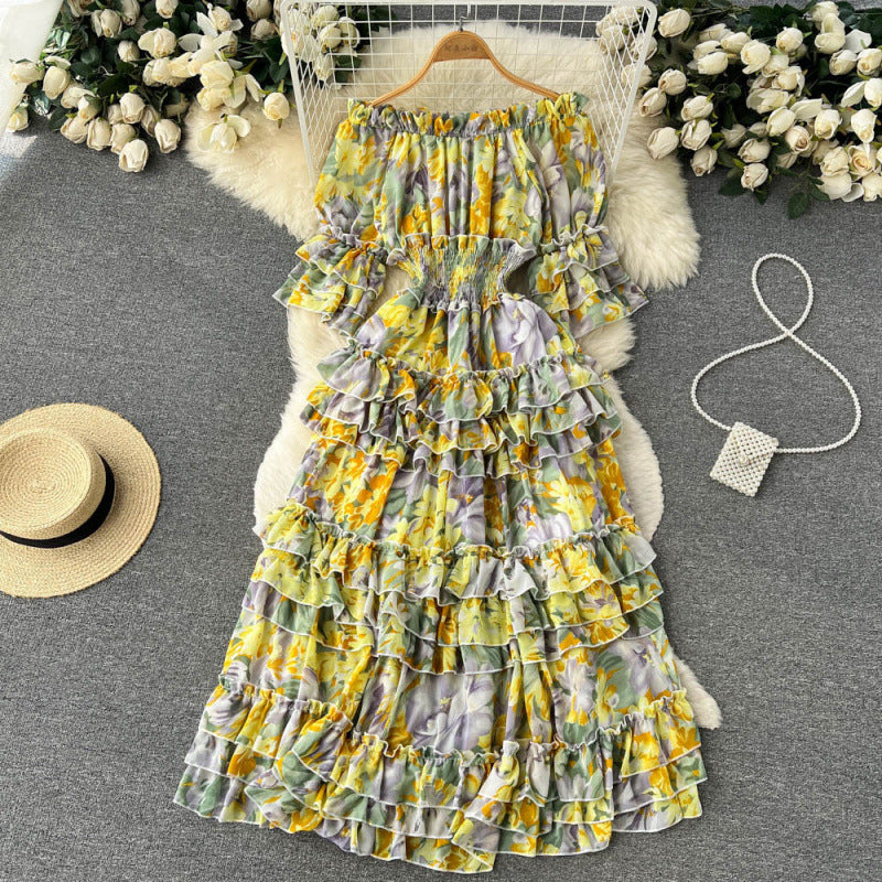 One-shoulder floral French vintage slimming cake skirt large swing dress short sleeve temperament commuter slim fit