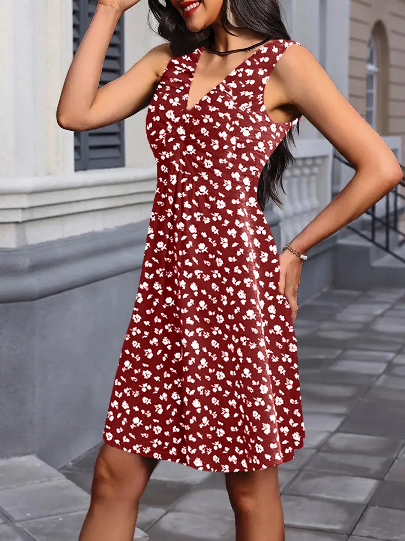 Women's fashion European and American style cross-border casual summer new printed V-neck sleeveless waist loose pullover dress