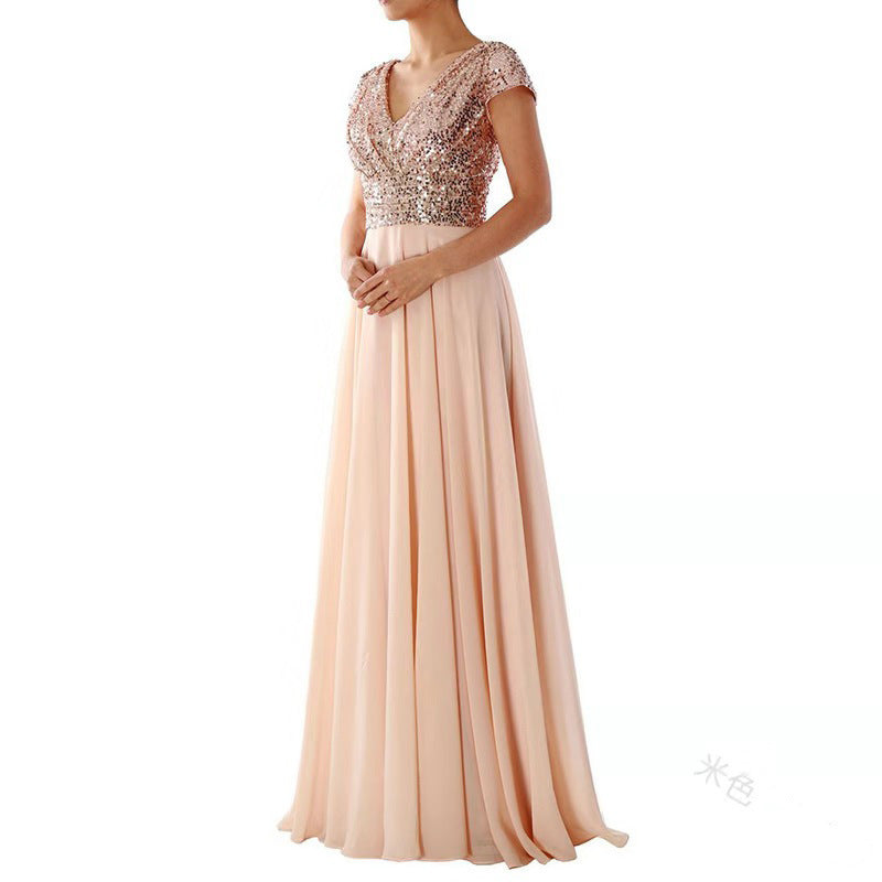 Summer Dress new V-neck sequinned chiffon panel evening dress long skirt