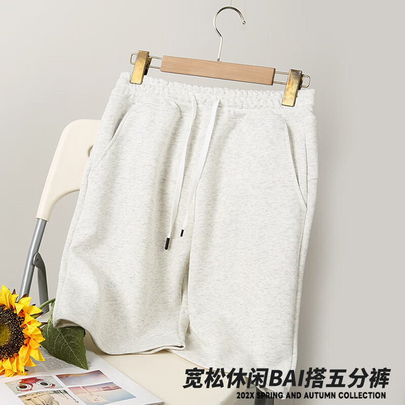 American cotton retro sports shorts, men's loose trend, versatile straight-leg casual cropped pants, beach pants