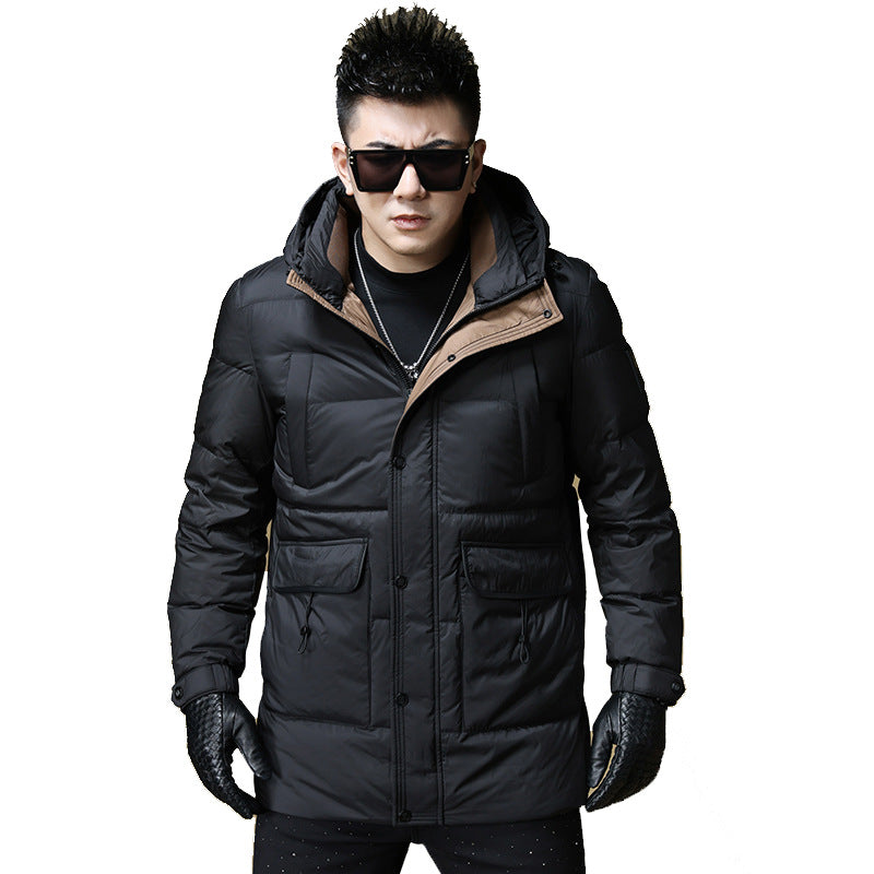 2024 Autumn and Winter down Jacket Men's Hooded Mid-Length 90 White Duck down Jacket Casual Warm Men's Windproof Loose Style