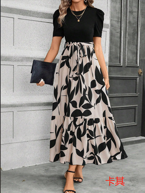 European and American women's floral print high-waisted fashion and elegant temperament dress