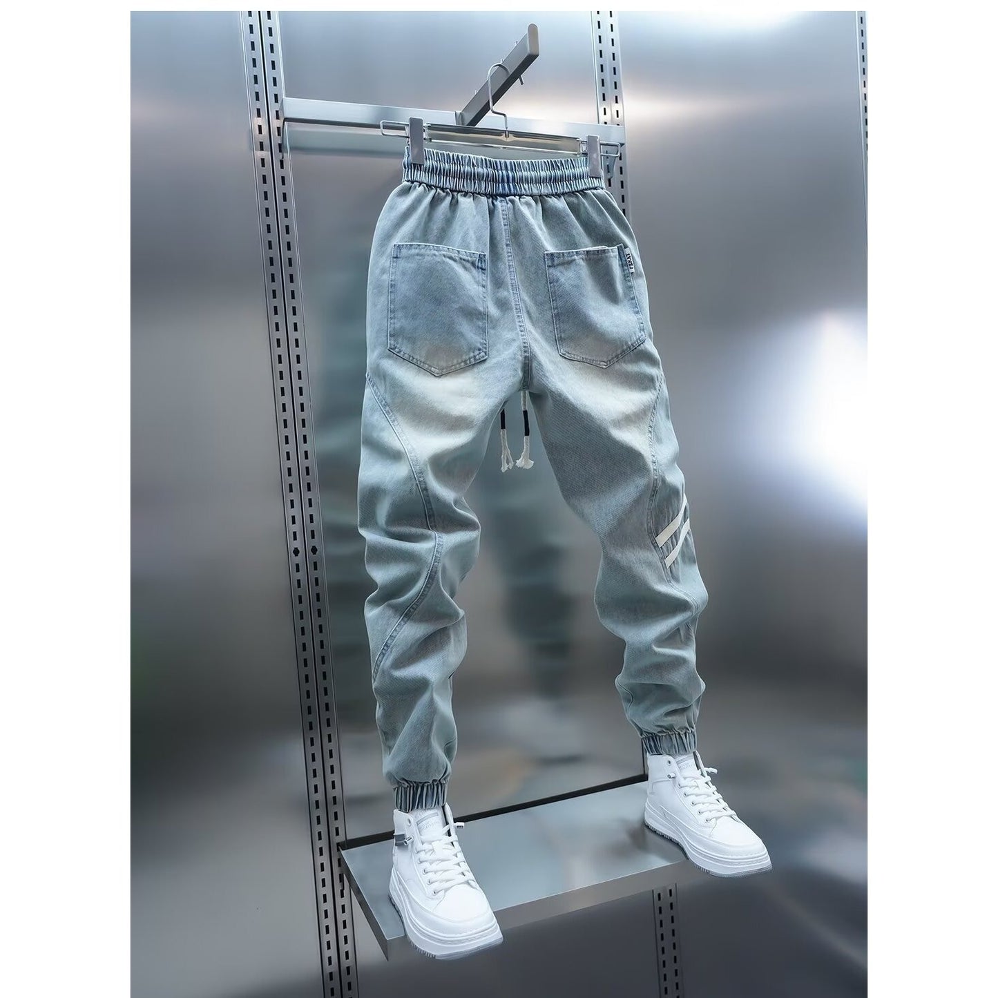 Cross-border men's spring new light blue jeans simple and versatile elastic waist leggings washed trendy brand slacks