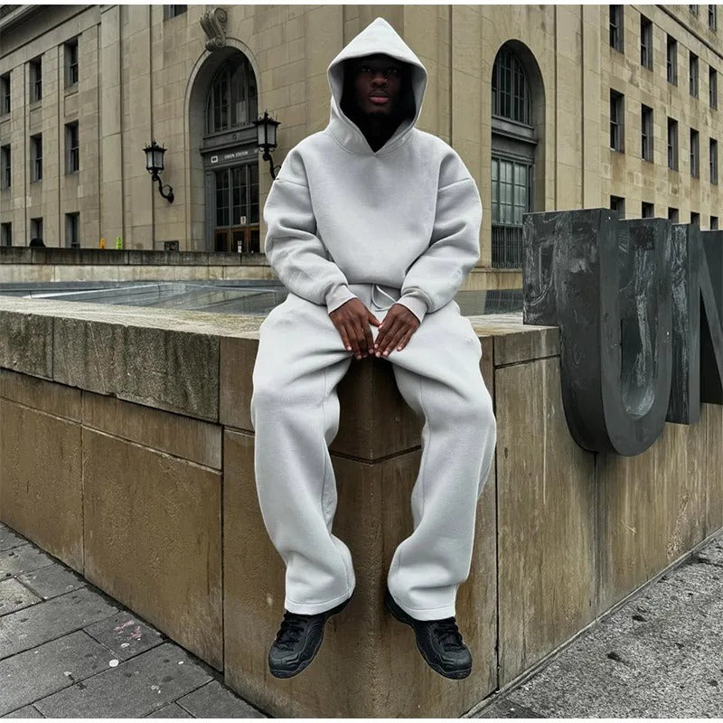 Cross-border Kanye has the same trendy brand high street loose fleece hooded sweatshirt loose drawstring sweatpants set for men and women