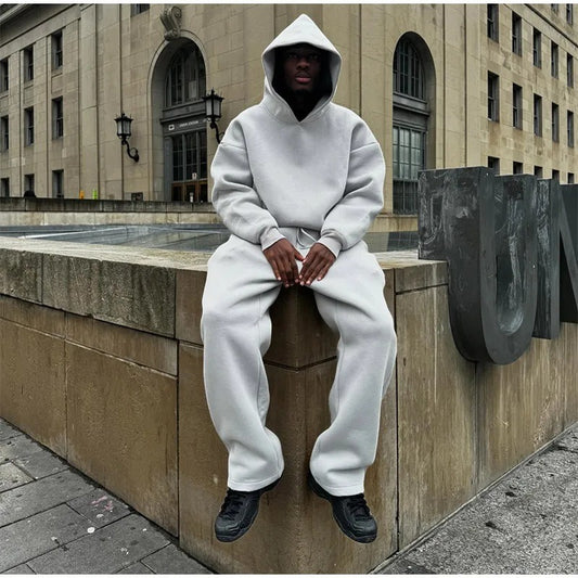 Cross-border Kanye has the same trendy brand high street loose fleece hooded sweatshirt loose drawstring sweatpants set for men and women
