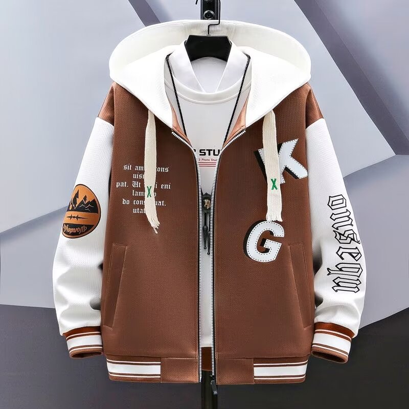 Jacket men's spring and autumn new hooded sweatshirt for teenagers and big boys handsome and trendy brand baseball uniforms for junior high and high school students