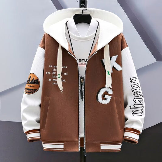 Jacket men's spring and autumn new hooded sweatshirt for teenagers and big boys handsome and trendy brand baseball uniforms for junior high and high school students