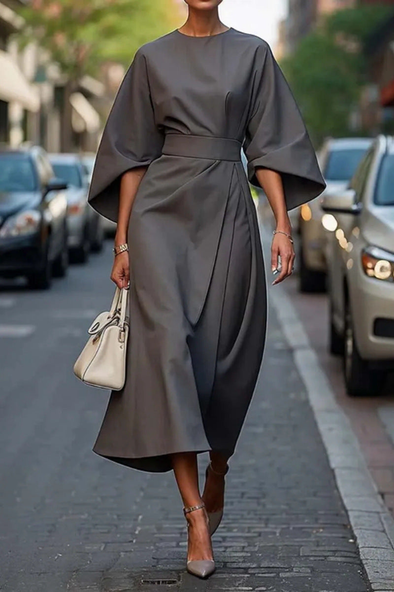 European and American cross-border fashion temperament elegant solid color waist dress casual bat sleeve long skirt